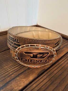 Vintage Diesel Tan Brown Leather Logo Distressed Style Belt Made in Italy